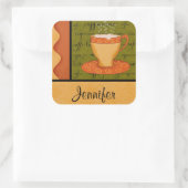 Oranje Gold Green Coffee Cup Art Custom Name Vierkante Sticker (Tas)