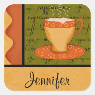 Oranje Gold Green Coffee Cup Art Custom Name Vierkante Sticker