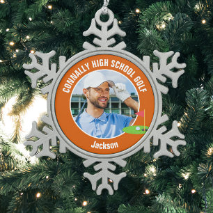 Oranje Golfer Foto Hoge School Golf Team Tin Sneeuwvlok Ornament