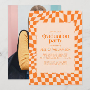 Oranje Golvende Geruite Retro Afstudeerfeest Foto Kaart