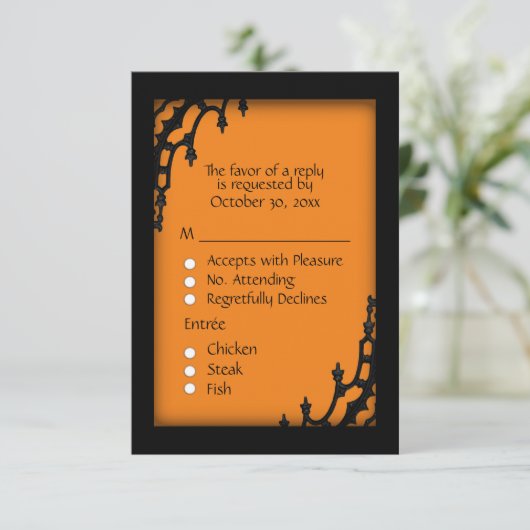 Oranje gotische RSVP met menu keuze (Staand voorkant)