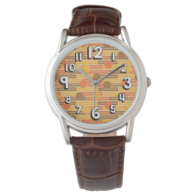 Oranje, goud, bruine rechthoeken en cirkels horloge (Voorkant)
