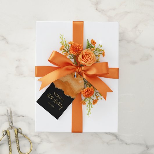 Oranje Goud Glitter Waterverf Marmer Cadeaulabel