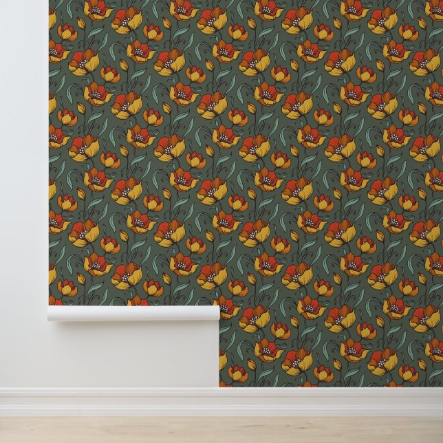 Oranje Goud Groen Retro Bloemen Patroon Behang (Applicatie)
