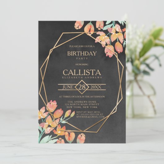 Oranje Goud Zwart Bloemen Terrarium Verjaardagsfee Kaart (Staand voorkant)