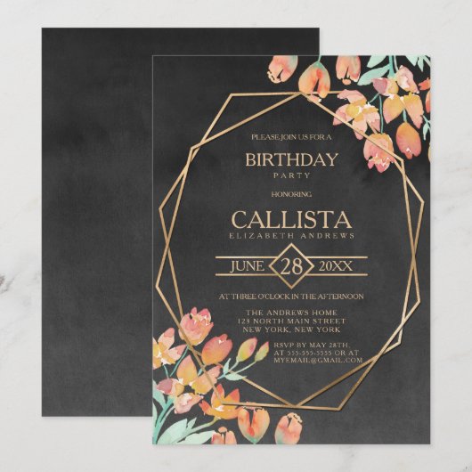 Oranje Goud Zwart Bloemen Terrarium Verjaardagsfee Kaart (Voorkant / Achterkant)