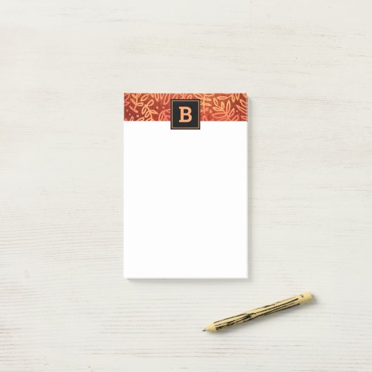 Oranje gouden gebladerte bladeren patroon monogram post-it® notes (Op bureau)