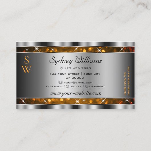 Oranje Gouden Glitter Sparkle Stars Monogram Zilve Visitekaartje (Achterkant)