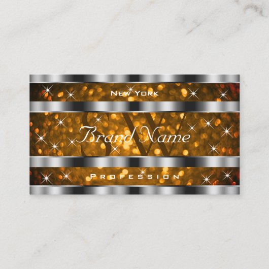 Oranje Gouden Glitter Sparkle Stars Monogram Zilve Visitekaartje (Voorkant)