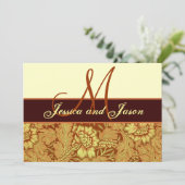 Oranje goudgele Damask Wedding Monogram Uitnodigin Kaart (Staand voorkant)