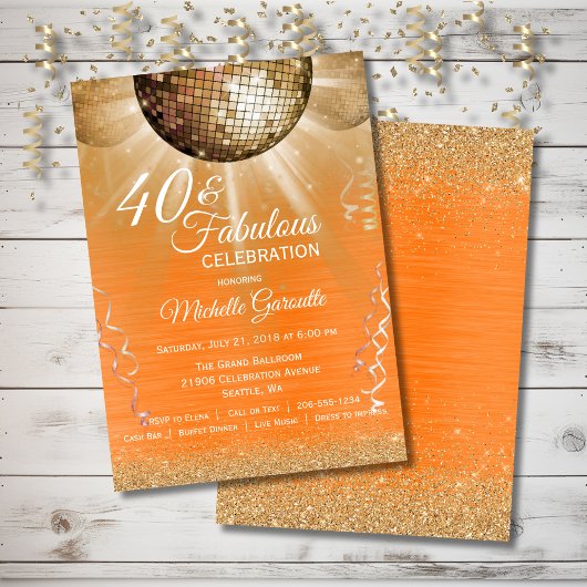 Oranje goudglam 40 en Fabulous Disco Birthday Kaart