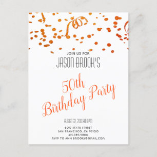 Oranje goudglitter Confetti White 50e verjaardag Uitnodiging Briefkaart