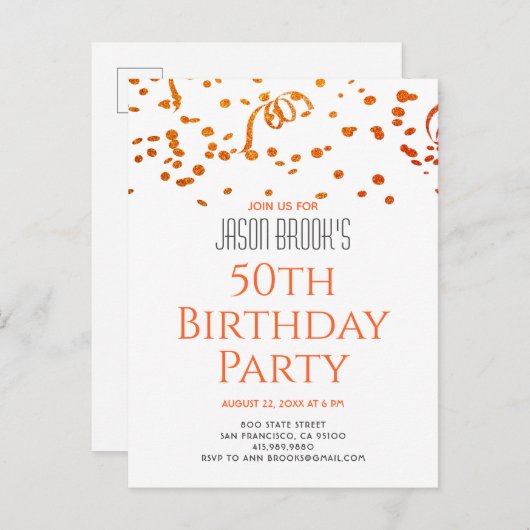 Oranje goudglitter Confetti White 50e verjaardag Uitnodiging Briefkaart (Voorkant / Achterkant)
