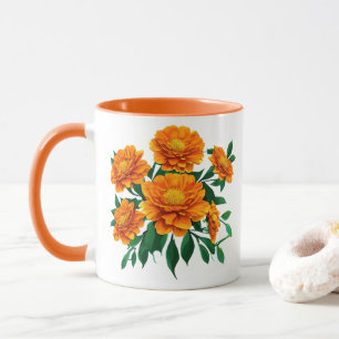 Oranje goudsbloem boeket met groene bladeren mok