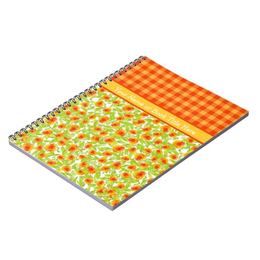 Oranje goudsbloemen en check Gingham Spiral Notiti Notitieboek (Linkerzijde)
