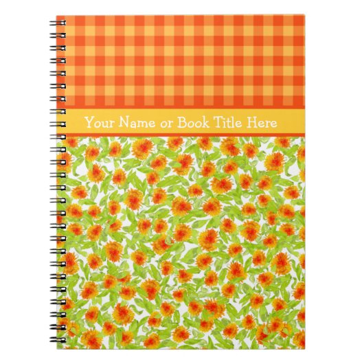 Oranje goudsbloemen en check Gingham Spiral Notiti Notitieboek (Voorkant)