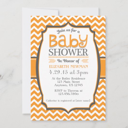 Oranje Gray Chevron Baby shower Uitnodiging (Voorkant)