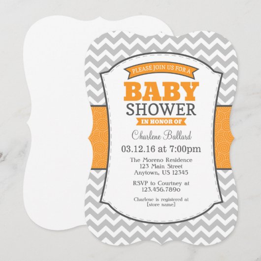 Oranje Gray Chevron Baby shower Uitnodiging (Voorkant / Achterkant)