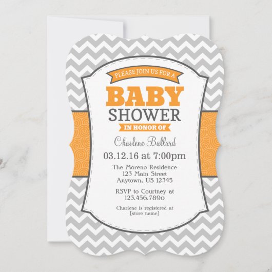 Oranje Gray Chevron Baby shower Uitnodiging (Voorkant)