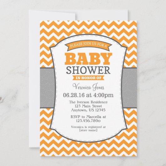 Oranje Gray Chevron Baby shower Uitnodiging (Voorkant)