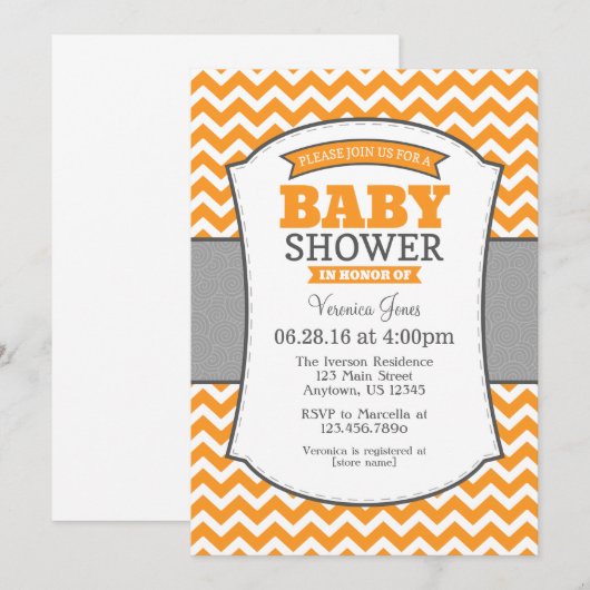 Oranje Gray Chevron Baby shower Uitnodiging (Voorkant / Achterkant)