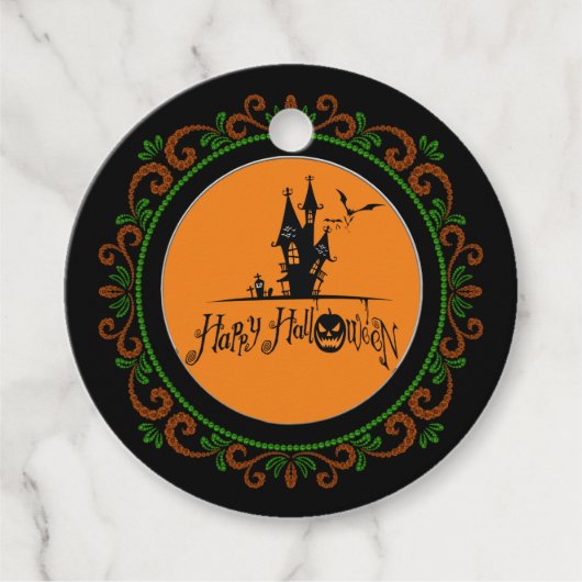 Oranje Green Happy Halloween Haunted House Bedankjes Labels (Voorkant)