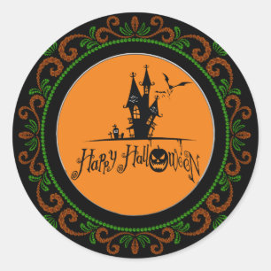 Oranje Green Happy Halloween Haunted House Ronde Sticker