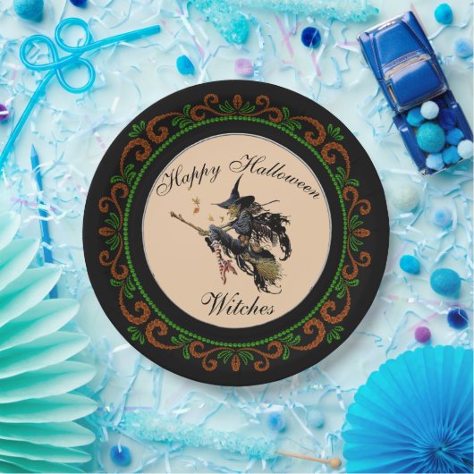 Oranje Green Happy Halloween Witches Broom Papieren Bordje (Feest)