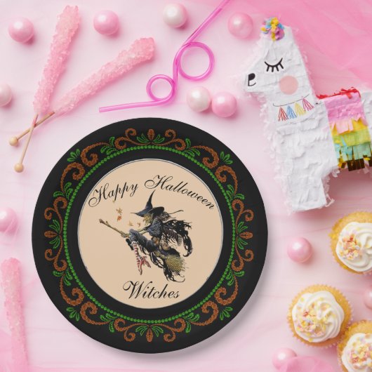Oranje Green Happy Halloween Witches Broom Papieren Bordje (Feest)