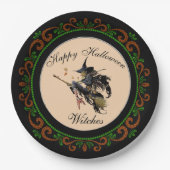 Oranje Green Happy Halloween Witches Broom Papieren Bordje (Voorkant)