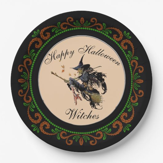 Oranje Green Happy Halloween Witches Broom Papieren Bordje (Voorkant)