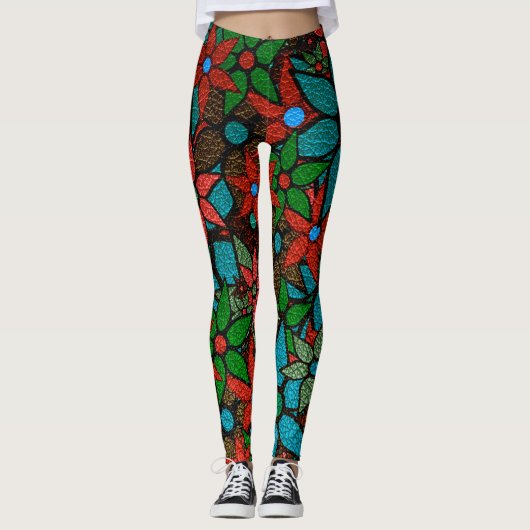 Oranje Green Turquoise Floral Leggings (Voorkant)