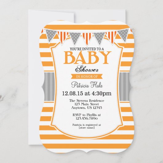 Oranje Grey Stripes Baby shower Uitnodiging (Voorkant)