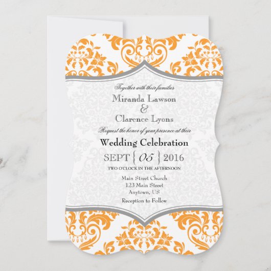 Oranje grijs Damask Bracket Wedding Invite Kaart (Voorkant)