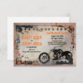 Oranje grijs motorfietshuwelijk sparen de datum save the date (Voorkant / Achterkant)