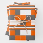 Oranje grijs wit cheques strepes geometrisch patro inpakpapier vel (In situ)