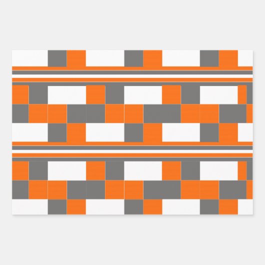 Oranje grijs wit cheques strepes geometrisch patro inpakpapier vel (Voorkant)
