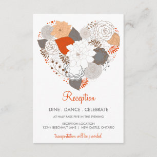 Oranje Grijze Hart Bloemen Trouwreceptiekaart Informatiekaartje