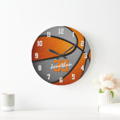oranje grijze jongens basketbal gepersonaliseerd grote klok (Huis)