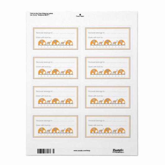 Oranje & Grijze Olifanten Bookplate Fill-in stijl Etiket (Full Sheet)