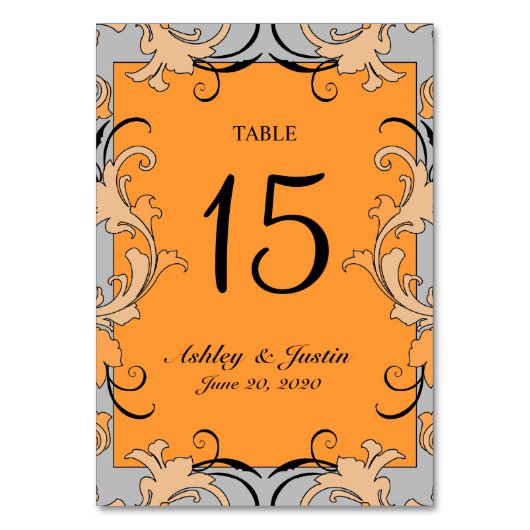Oranje Grijze Zwarte Wervelingen Trouwtafel Nummer Kaart (Voorkant)