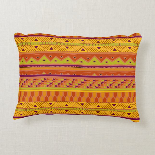Oranje Groen Abstract Aztec Tribal Print Pattern Decoratief Kussen (Achterkant)