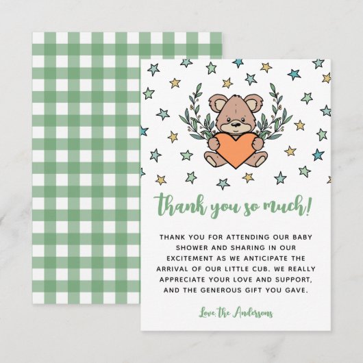 Oranje Groen Beer Geachte Baby shower Dank u wel Bedankkaart (Voorkant / Achterkant)
