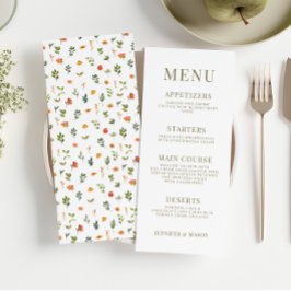 Oranje groen bloemenrustiek bruiloft menukaarten