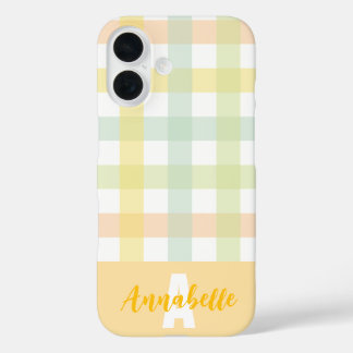 Oranje Groen Geel Blauw Pastel Gingham Monogram iPhone 16 Hoesje