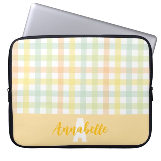 Oranje Groen Geel Blauw Pastel Gingham Monogram Laptop Sleeve (Voorkant)