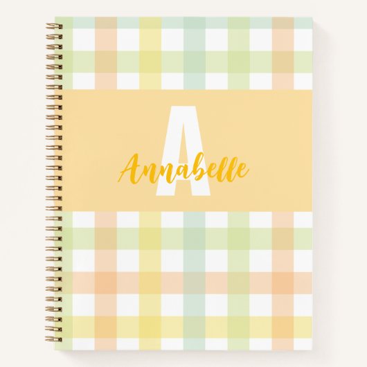 Oranje Groen Geel Blauw Pastel Monogram Gingham Notitieboek (Voorkant)