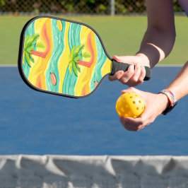 ORANJE GROEN GEEL ZOMER GOLVEN & PALMBOMEN PICKLEBALL PADDLE