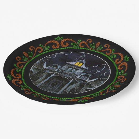 Oranje Groen Gehakt Huis Halloween Papieren Bordje (Gekanteld)