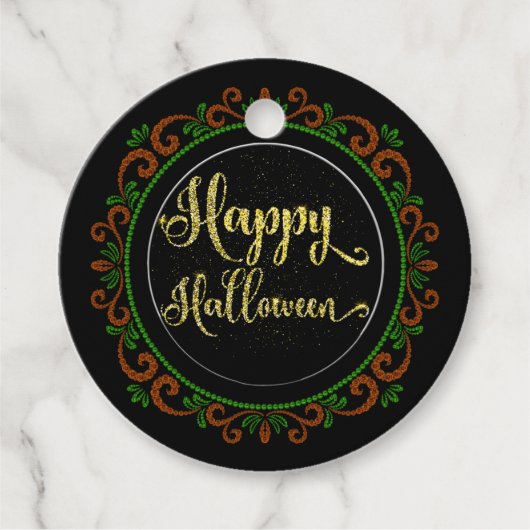 Oranje groen glitter op zwarte Happy Halloween Bedankjes Labels (Voorkant)